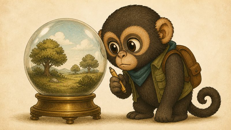 Tilo observa una esfera de cristal con un paisaje perfecto dentro
